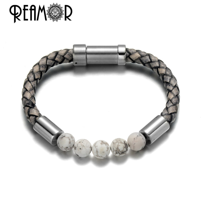 REAMOR Männer Schwarz Grün Naturstein Geflochtene Lederarmbänder Goldfarbe 316L Edelstahl Eingebetteter Verschluss Armreif Schmuck