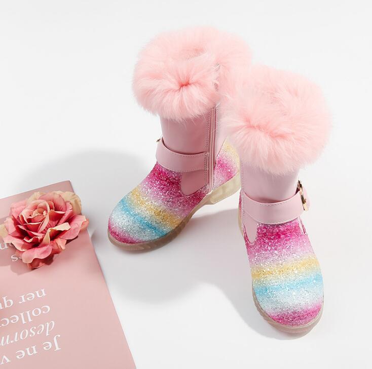 Fashion Girls Snow Boots With Sequins Waterproof Pu Leather Princess Rainbow Unicorn Plush Boots Winter Kids Cartoon Shoes