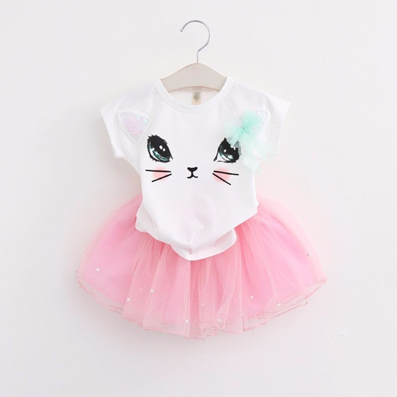 Vestido de princesa de verano para niñas, conjunto de 2 uds., camiseta con estampado de gato de dibujos animados, Top + falda tutú de malla, trajes para niños pequeños, ropa