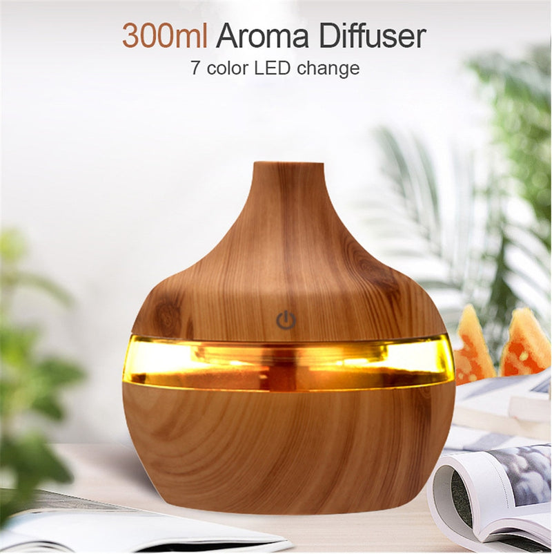 Humidificador de coche de 300ml, difusor de aceites esenciales, humidificador de aire ultrasónico de grano de madera, Mini generador de niebla USB, 7 luces LED para coche y hogar