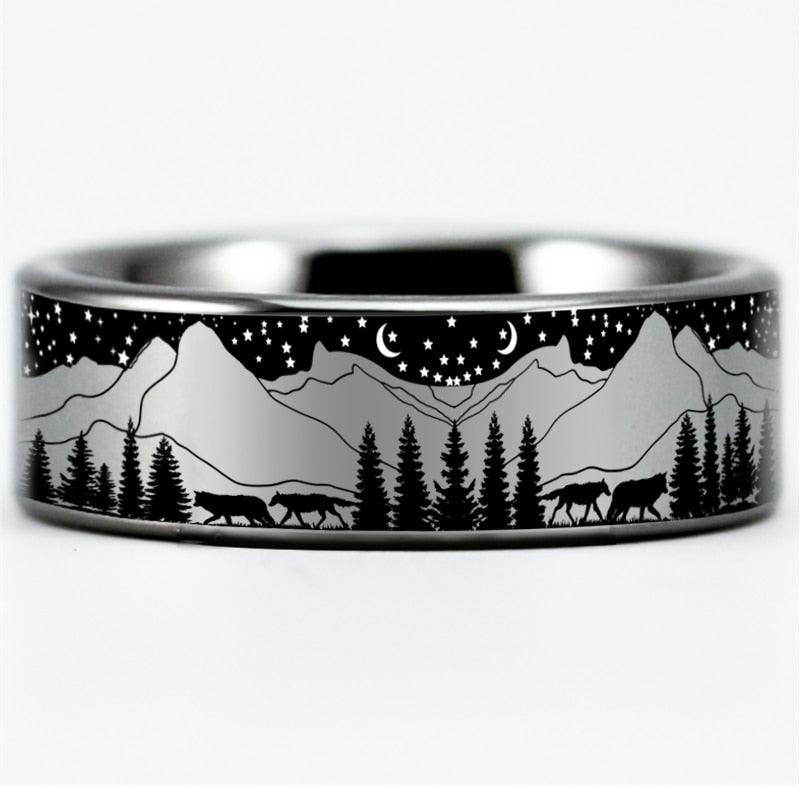 Anniversary Gift Wolf in Night Forest View Rings For Women Men&