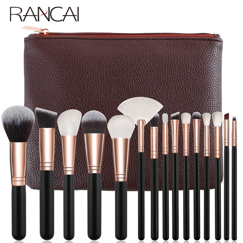 RANCAI Pro 15pcs Makeup Brushes Set Powder Foundation Eyeshadow Make Up Brushes Cosmetics Soft Synthetic Hair with Leather Case