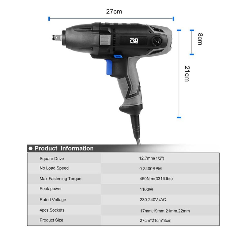Electric Impact Wrench 1/2 inch 1100W 450N.m 230V Air Spanner Tire Remove Auto Repair Tool 4 Sockets 3400RPM speed by PROSTORMER