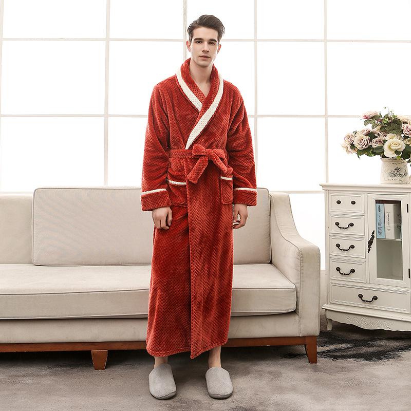 Men Plus Size 3XL Flannel Kimono Bath Gown Ultra Long Large Robe Coral Fleece Nightgown Lovers Couple Thick Warm Sleepwear MR001