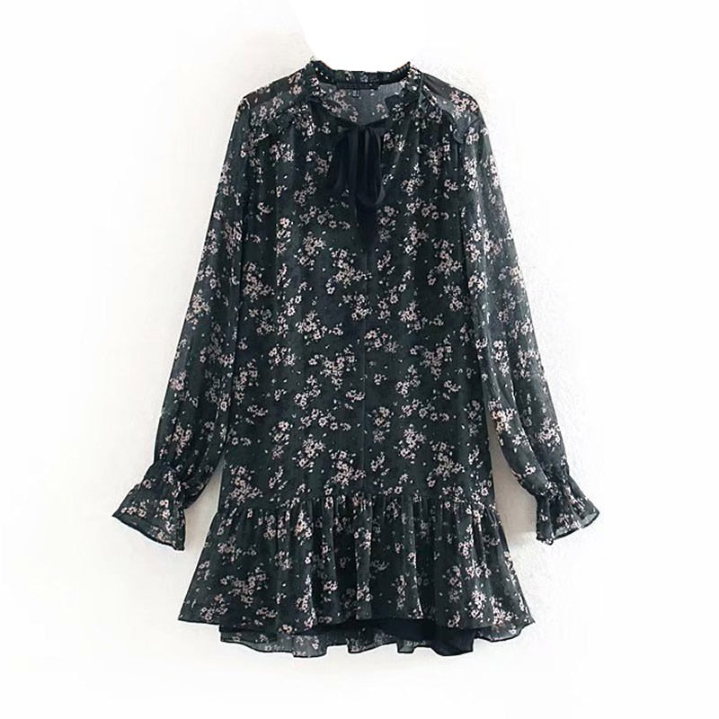 Aachoae Women Ruffle Bow Tie Mini Floral Print Dress Vintage Long Sleeve Casual Loose Pleated Dress Ruffles Party Dress Vestidos