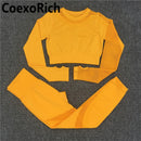 Yoga Set Women Fitness Gym Clothing Sport Suit Seamless Hollow Out Long Sleeve Crop Top High Waist Workout Leggings Sportwear