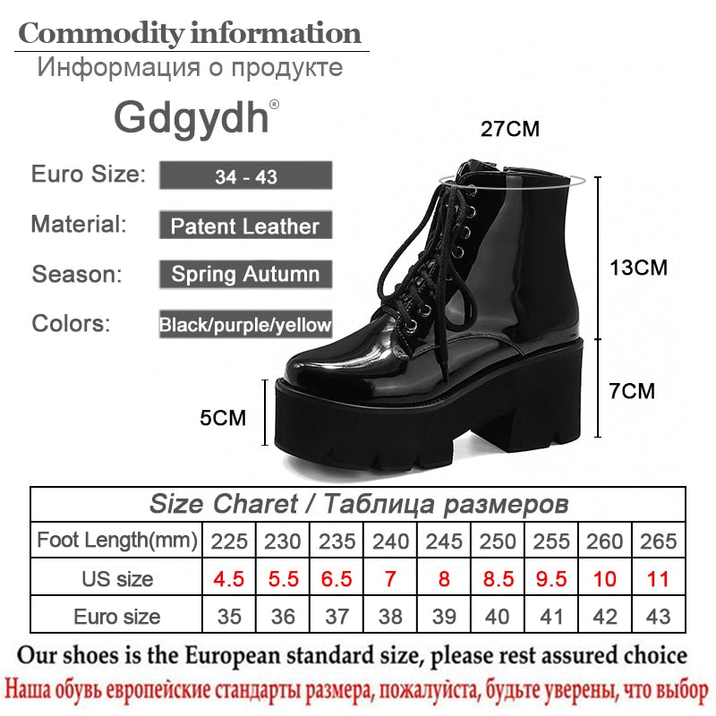 Gdgydh Punk Style Plateauabsatz Damen Stiefeletten Chunky Motorradstiefel für Damen Lackleder Lila Gelb Schuhe Große Größe