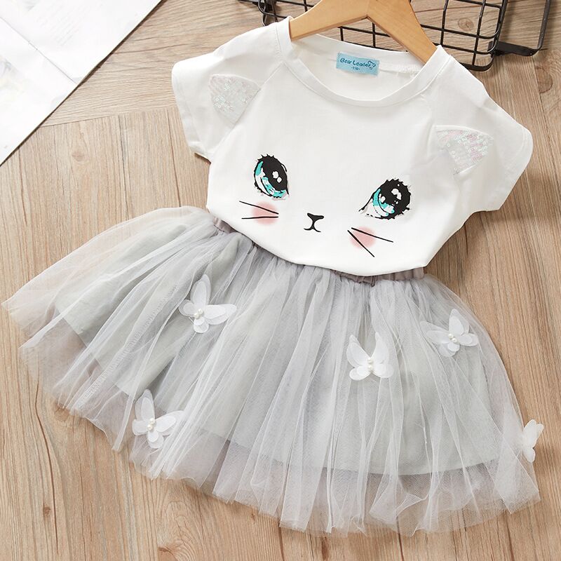 Summer Baby Girls Princess Dress 2pcs Set Cute Cartoon Cat Print T-shirt Top+Mesh Tutu Skirt Toddler Kids Outfits Clothes