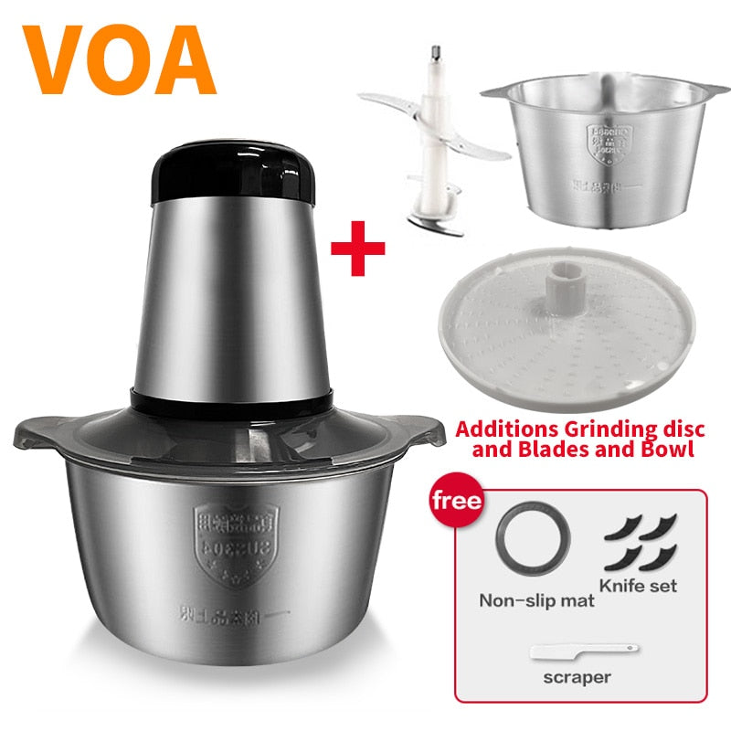 VOA 2 Speeds Electric Chopper Stainless Steel Meat Grinder Mincer Food Processor Slicer  2LCapacity Baby Supplement Machine