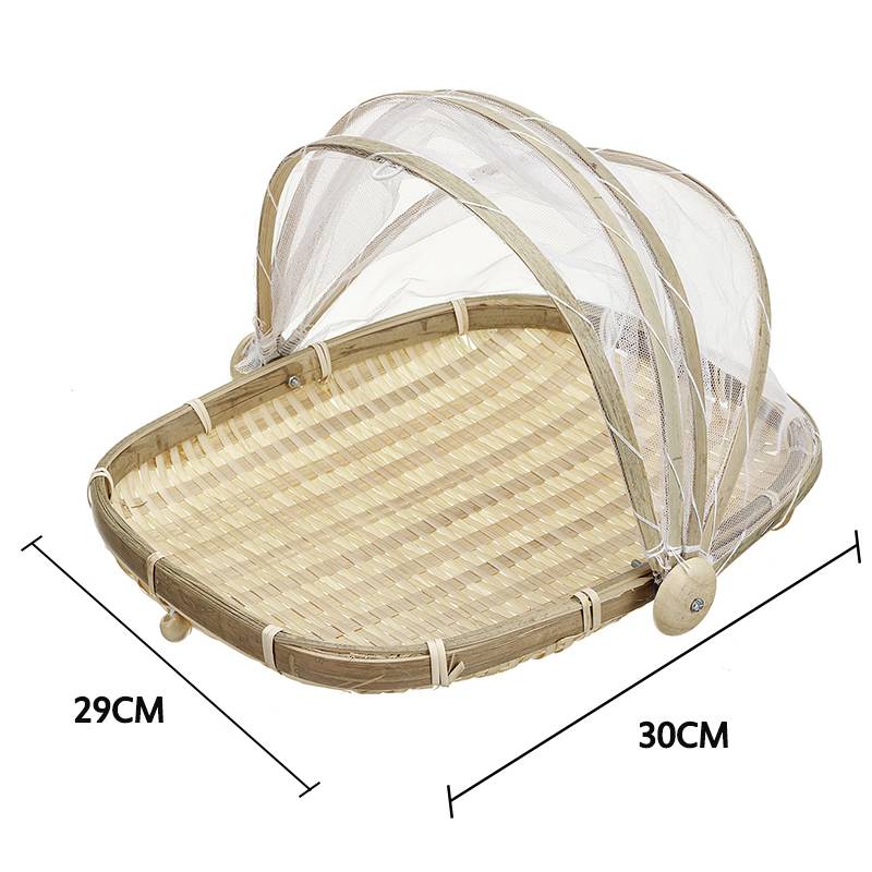 Hand-Woven Food Serving Tent Basket Tray Fruit Vegetable Bread Storage Basket Simple Rattan Outdoor Picnic Mesh Net Cover