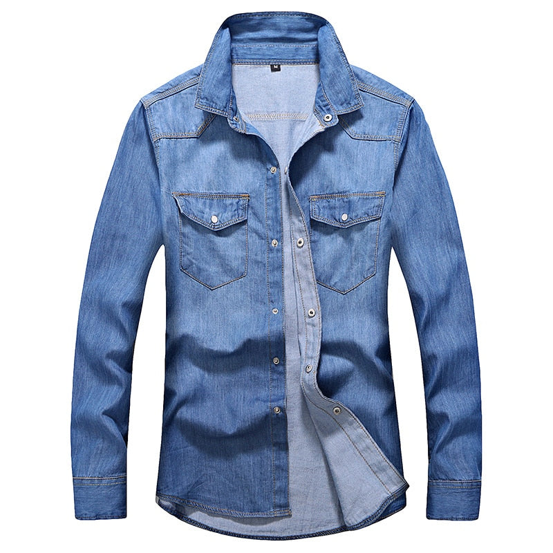 Denim Shirt Men Cotton Jeans Shirt Fashion Autumn Slim Long Sleeve Cowboy Shirt Stylish Wash Slim Tops Asian Size 3XL