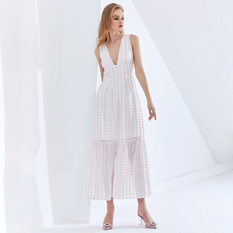 TWOTWINSTYLE Print Polka Dot Elegant Dress For Female V Neck Sleeveless High Waist Backless Oversized Dresses Women Summer 2021