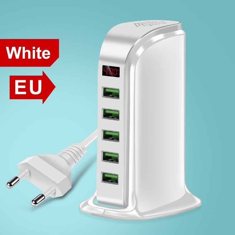 Elough 5-Port-USB-Ladegerät HUB LED-Anzeige Multi-USB-Ladestation Dock Universal-Handy-Desktop-Wand-Heim EU-US-UK-Stecker