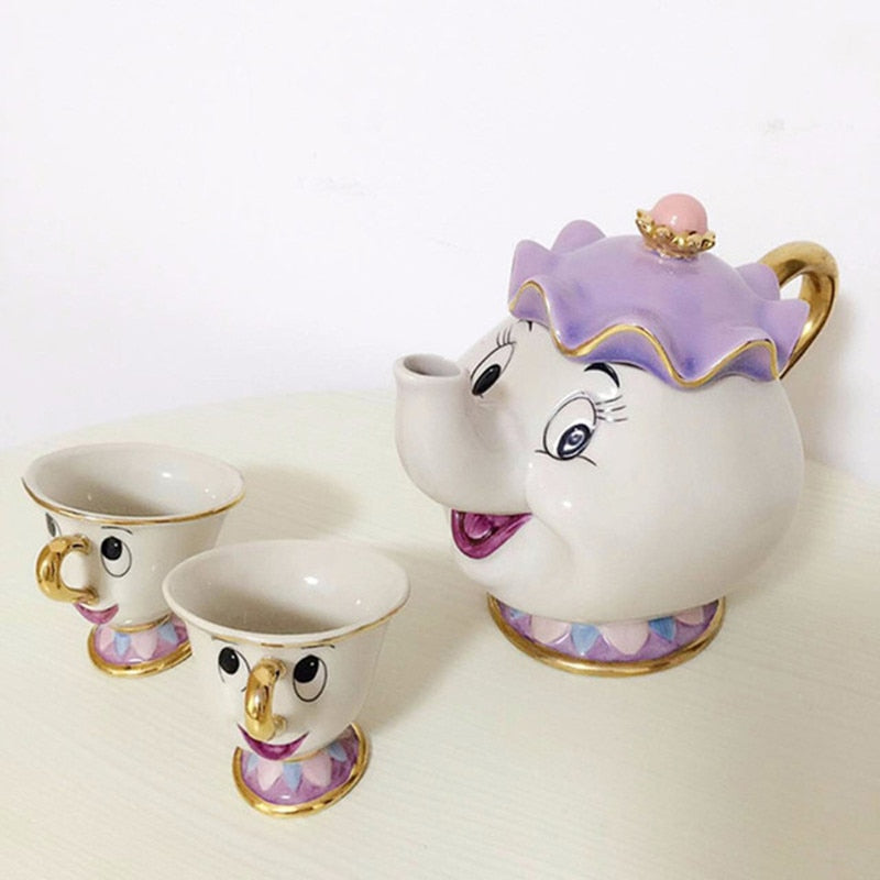 Cartoon Beauty And The Beast Teapot Mug Mrs Potts Chip Tea Pot Cup Set Cogsworth Porcelain Gift 18K Gold-plated Painted Enamel