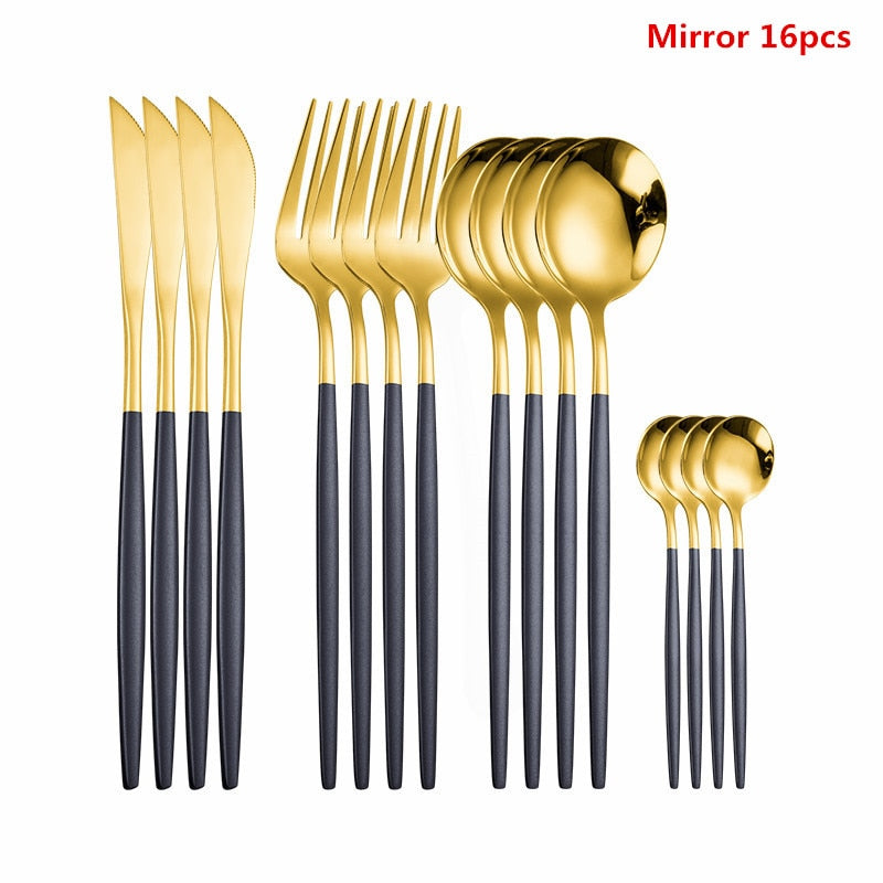 Black Tableware Forks Knives Spoons Cutlery Dinner Set Stainless Steel Cutlery Set Kitchen Flatware Set 16Pcs Luxury Dinnerware