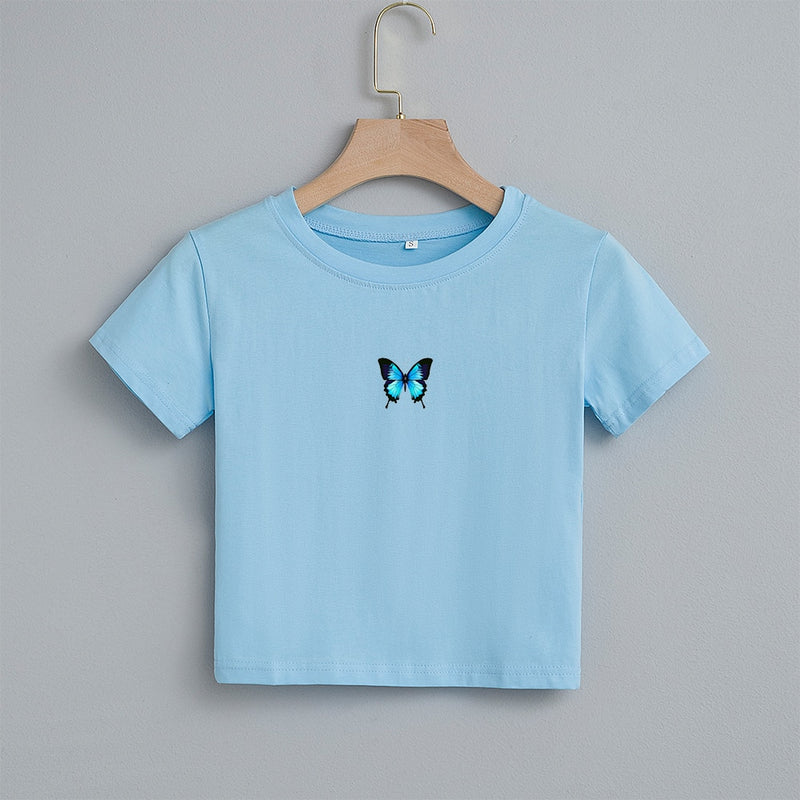 Fashion Cartoon Blue Butterfly Print Crop Top Harajuku O Neck Cropped T Shirt Cute Women T-shirt Gothic Women Tshirt Streetwear