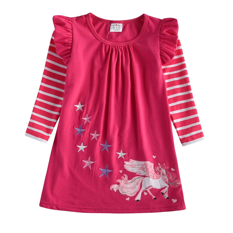 DXTON Winter Kids Dresses For Girls Flying Sleeve Unicorn Children Dress Star Stripe Toddler Cotton Clothing Causal Girls Dress