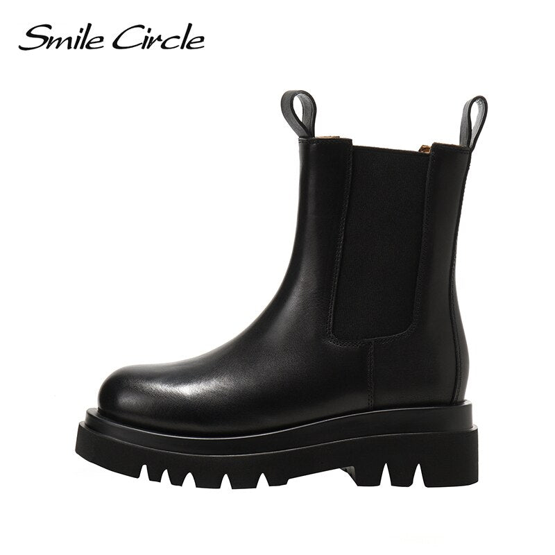 Smile Circle Autumn Slip-on Chelsea Boots Women Genuine Cow Leather fashion Round-toe Flat Platform Boots Lady shoes