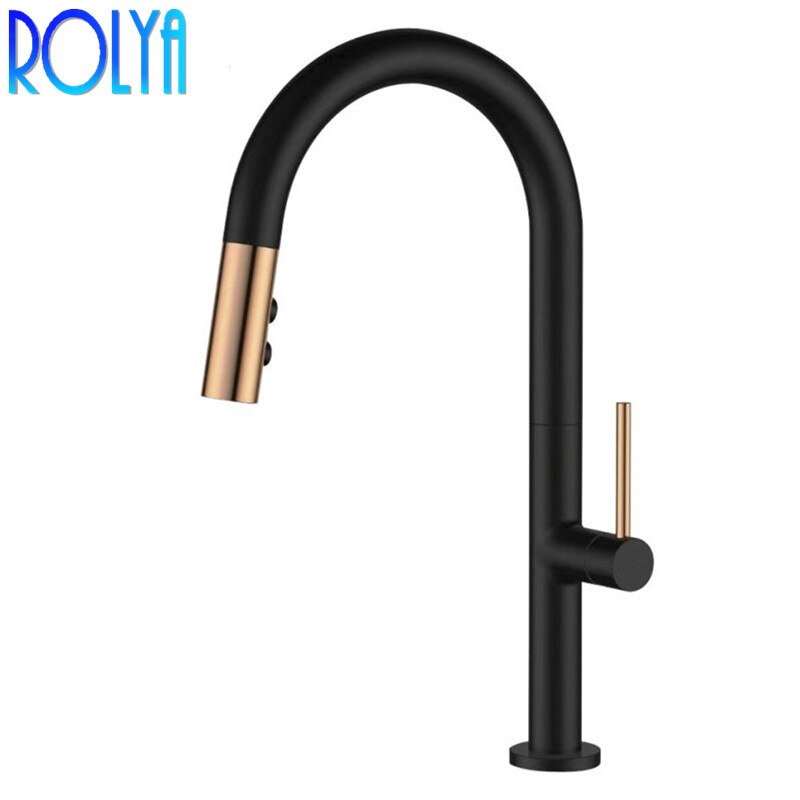 ROLYA NEW Premium Gooseneck Pull Out Kitchen Faucet Sink Mixer Tap Solid Brass Construction Black/White Spout Pull Out Faucet