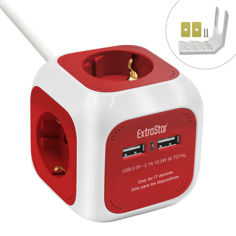 ExtraStar®Power Cube Cable 1,5 m Regleta 4 Salidas, con 2 para carga USB 5V/2.1A, blanco/azul/rojo/mixto