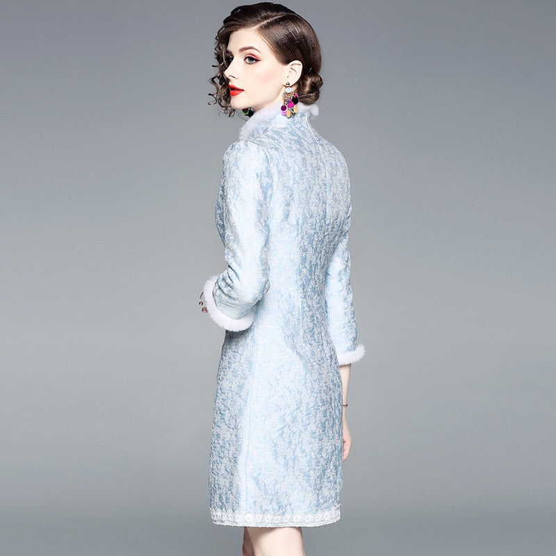 Autumn and winter new women's fur collar Plush Jacquard lace short cotton dress
