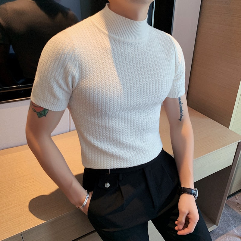 Autumn New Short Sleeve Knitted Sweater Men Tops Clothing 2023 All Match Slim Fit Stretch Turtleneck Casual Pull Homme Pullovers