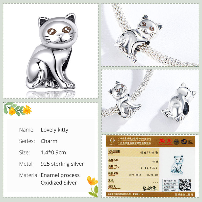 bamoer Cute Baby Cat Metal Beads Charm for Women European Luxury Bracelet 925 Sterling Silver Fashion Jewelry SCC1305