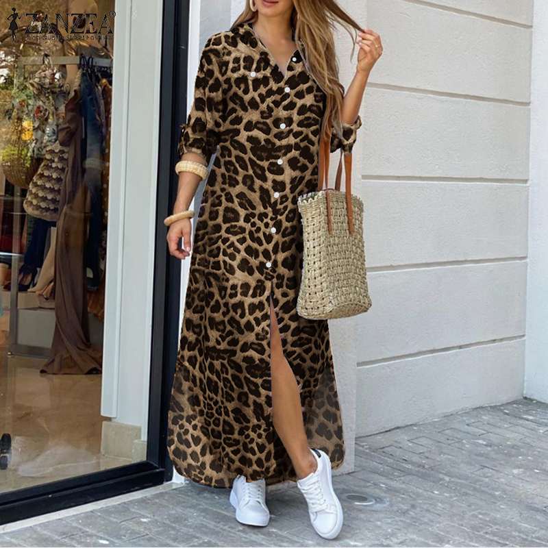 ZANZEA Party Holiday Longue Robe Womens Autumn Fashion Shirt Dress Casual Vintage Leopard Dresses Female Lapel Long Vestidos