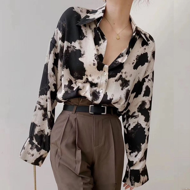 Cow Print Button Up Shirts Women Long Sleeve Blouse Korean Fashion Clothes Chiffon Streetwear Plus Size Tops Spring New 13486