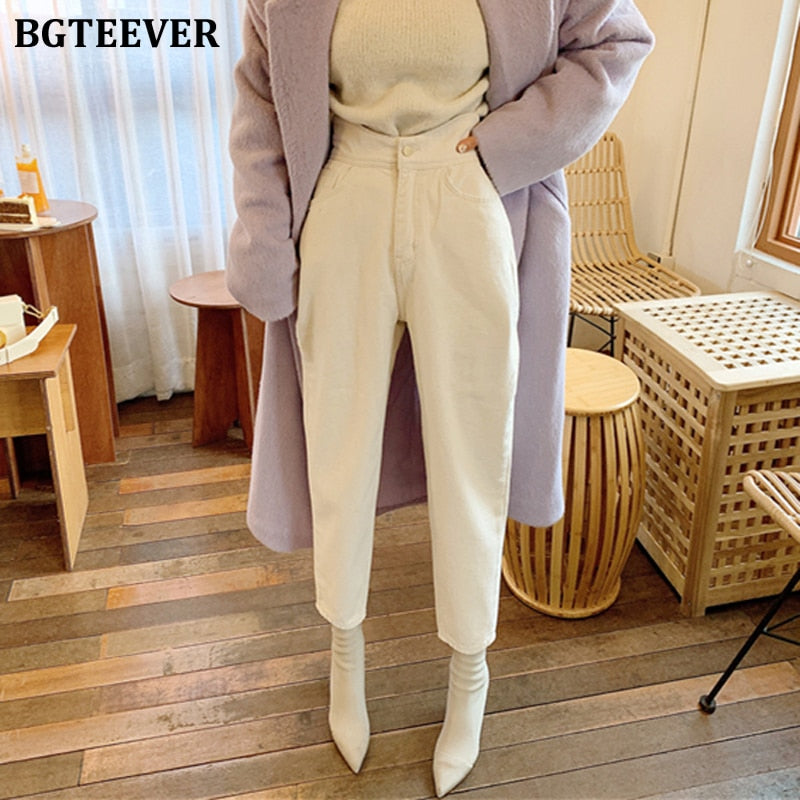 BGTEEVER Women Harem Jeans Pants Fashion High Waist Loose White Denim Jeans Female Buttons Trousers Spring 2021 Streetwear