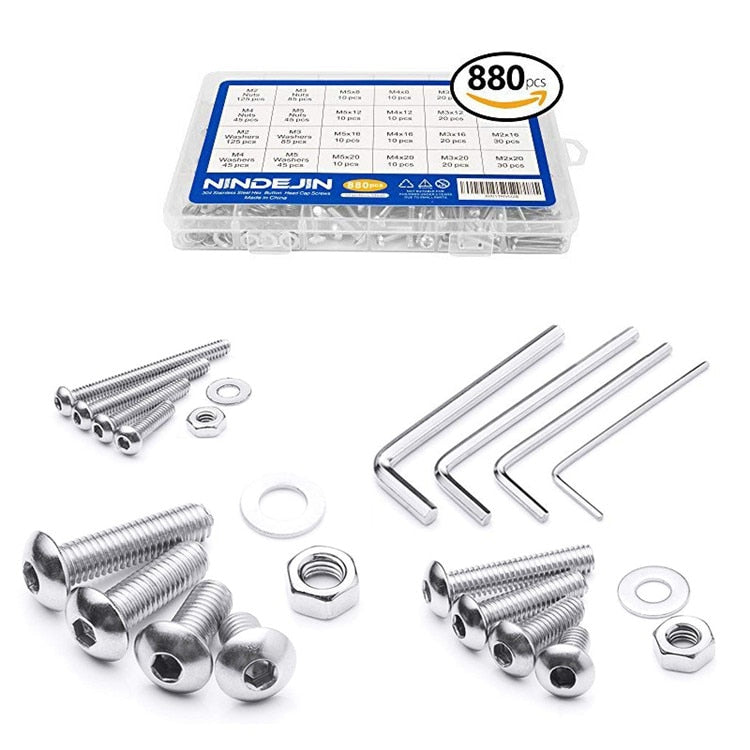 NINDEJIN 580/880pcs Hex Hexagon Socket Screw Assortment Kit M2 M3 M4 M5 Stainless Steel Flat Round Cap Head Bolt and Nut Set