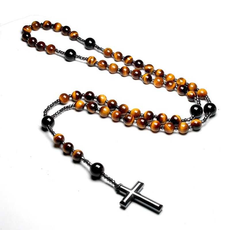 Natural Tiger Eye Stone Catholic Christ Rosary Necklaces For Women Men Hematite Cross Pendant Mala Jewelry