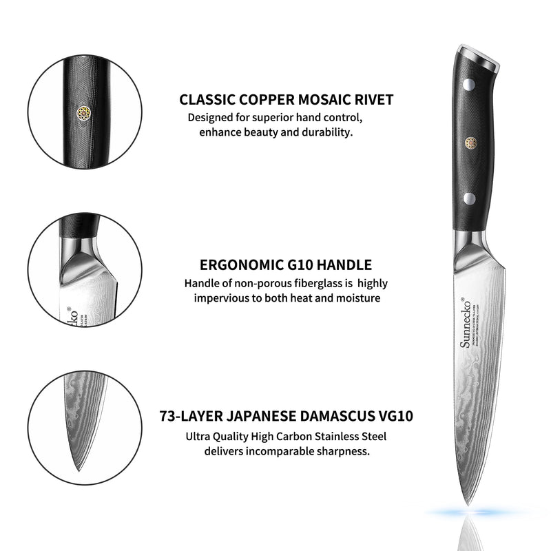 Neues SUNNECKO Allzweckmesser, 12,7 cm, rasiermesserscharfe Klinge, japanische VG10-Stahl-Küchenmesser, Damaskus, G10-Griff, Küchenmesser