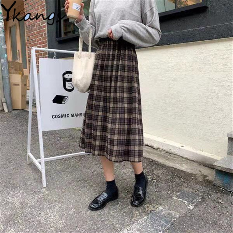 Woolen Winter Plus Size 3XL pleated plaid skirts Women Warm Vintage Long skirts Ladies Office Harajuku Midi skirts Streetwear