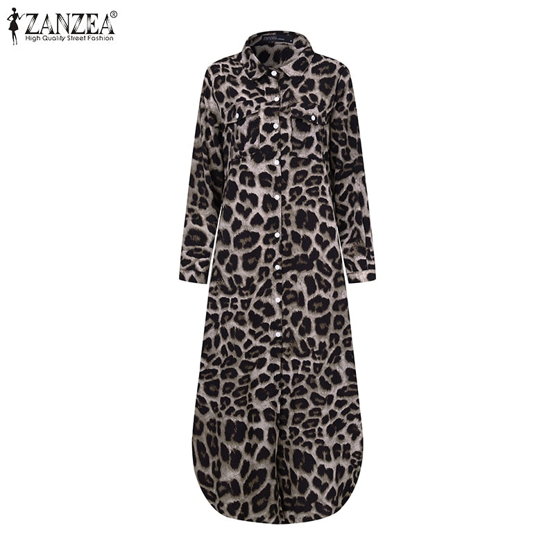 ZANZEA Party Holiday Longue Robe Womens Autumn Fashion Shirt Dress Casual Vintage Leopard Dresses Female Lapel Long Vestidos