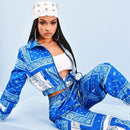 Bandana Print Two Piece Set Causal Paisley Print Long Sleeve Zippers Short Jacket Tops Jogger Pants Suit Outfit Street Tracksuit