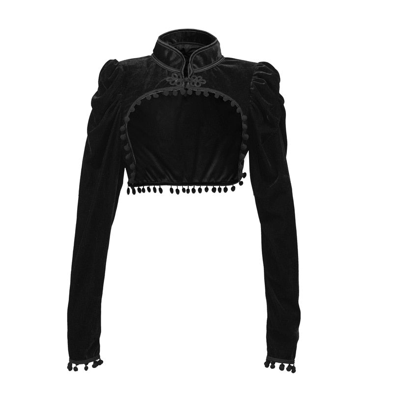 Chaqueta corta Steampunk de terciopelo negro con soporte de manga larga de otoño para mujer, abrigo gótico victoriano de Bolero, accesorios de corsé Vintage