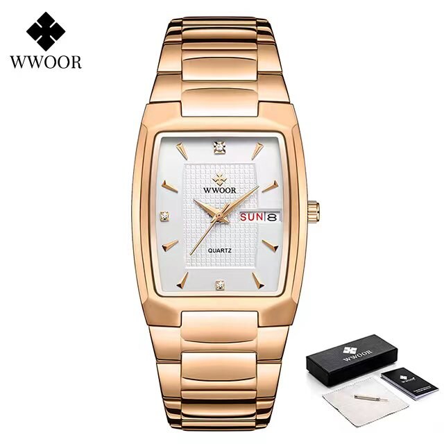 WWOOR New Design Men's Watch Stainless Steel Luxury Golden Watch For Men Waterproof Calendar Quartz Wristwatch Relogio Masculino