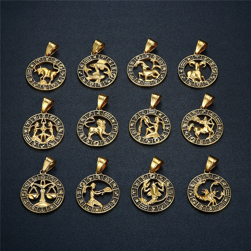 12 Zodiac Sign Horoscope Pendant Necklaces for Mens Womens Gold Aries Leo 12 Constellations Dropshipping Necklace Jewelry