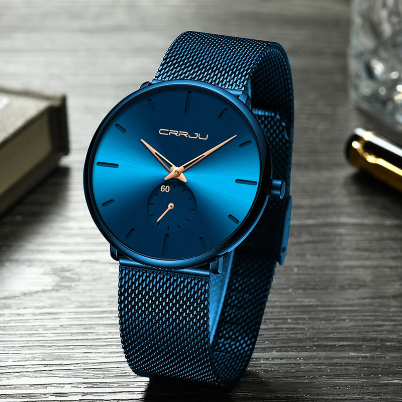 CRRJU Fashion Blue Men Watch Top Luxury Brand Minimalist Ultra-thin Quartz Watch Casual Waterproof Clock Relogio Masculino