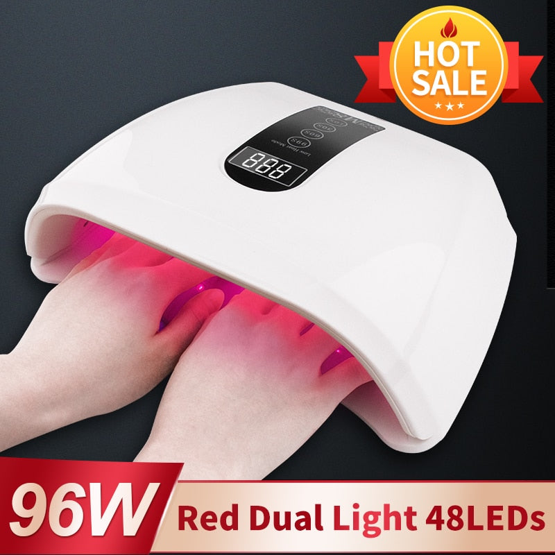 Lámpara de uñas LED de luz roja de alta potencia de 96 W, lámpara UV de Gel para dos manos, máquina secadora de esmalte de uñas para manicura para secado rápido, todos los esmaltes de Gel