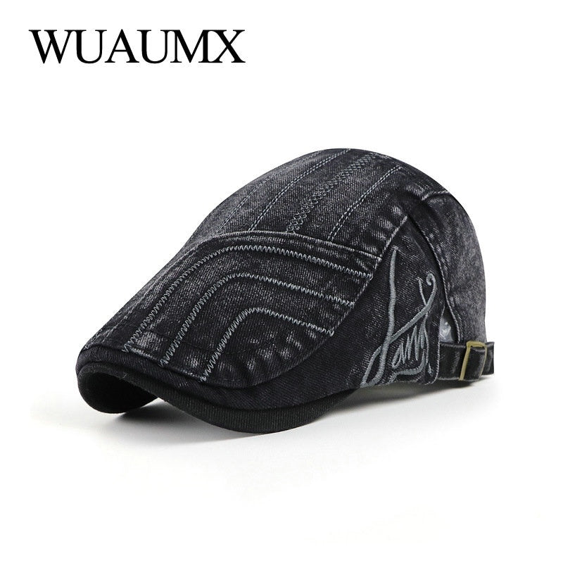 WUAUMX NEW Spring Men's Beret Hats Striped Flat Peaked Cap Women Washed Denim Herringbone Cap Visors Adjustable gorras hombre