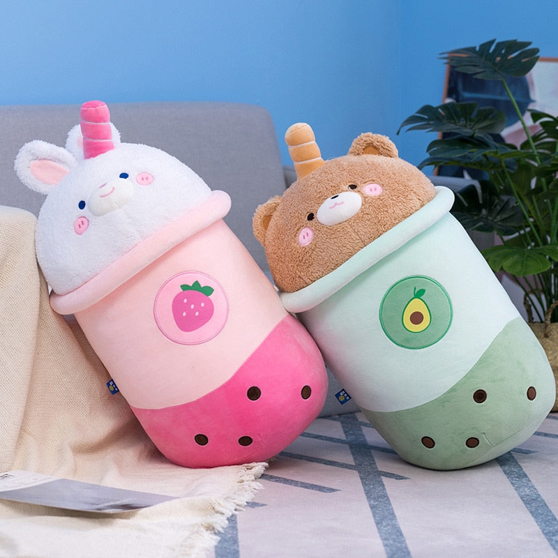 Adorable Cartoon Animals Boba Tea Plush Toy Stuffed Avocado Brown Bear Pink Strawberry Bunny Milk Tea Cup Toy Big Hug Pillow Toy