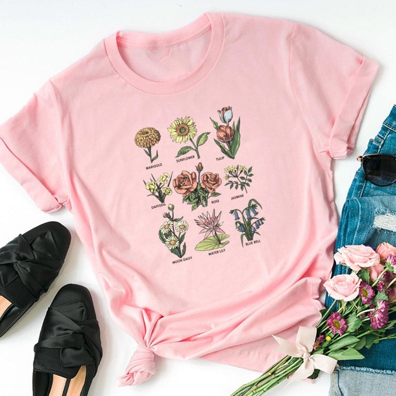 Wildflower T Shirt Frauen Sunshine Plant Rose Save Bees Mädchen T-Shirt Damen Tops Femme Kleidung Grafik T-Shirts Frau T-Shirts