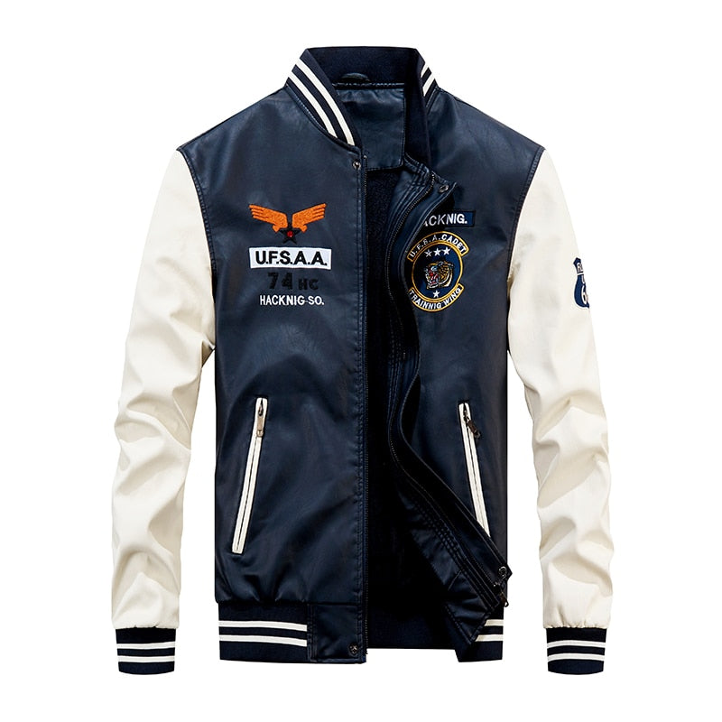 Chaqueta Bomber de cuero para hombre, chaquetas de béisbol, abrigo de piel sintética para motorista, chaqueta de lana para piloto universitario, parte superior de cuero para universidad, motocicleta ajustada negra