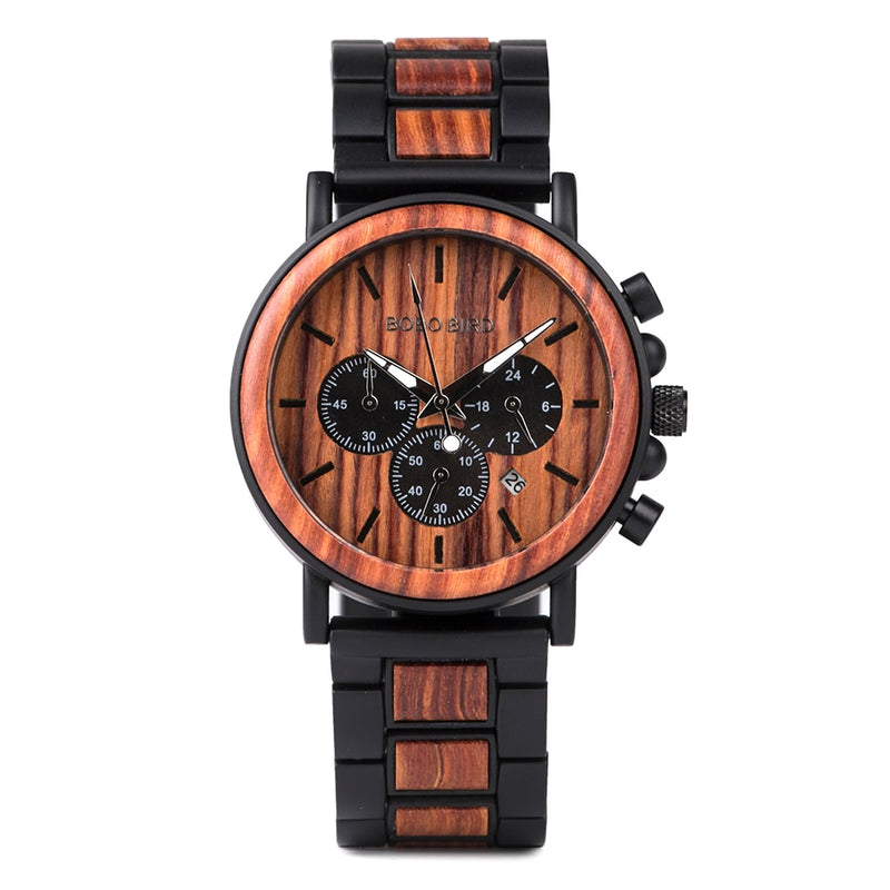 BOBO BIRD Luxury Stainless Steel Wood Watch Men Stylish Timepieces Chronograph Waterproof Watches Valentine&