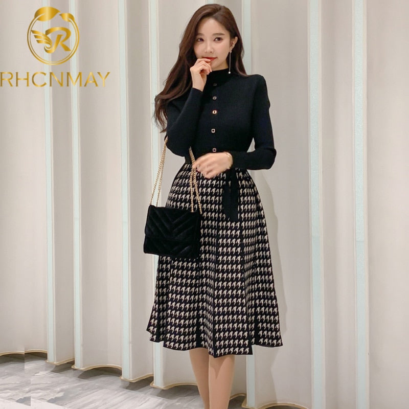 Winter Damen koreanischen Stil Strickkleid Mode Turtlenck Pullover Strick gespleißt kariert hohe Taille A-Linie Kleid Vestidos knielang
