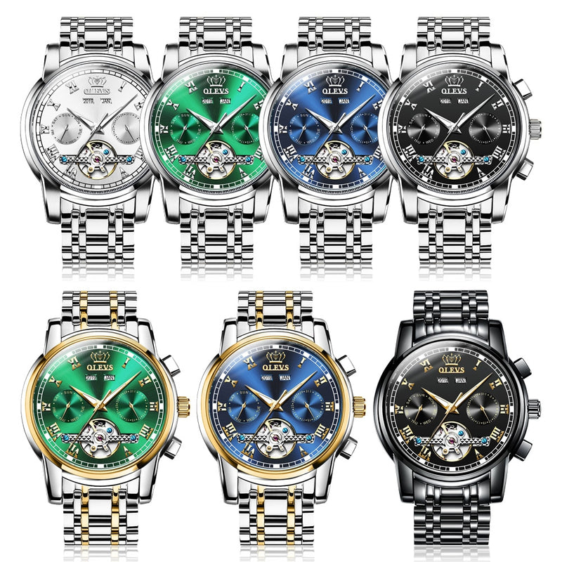 OLEVS Automatische Mechanische Herrenuhren Edelstahl Wasserdicht Datum Woche Grün Mode Klassische Armbanduhren Reloj Hombre