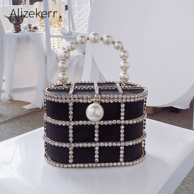 Diamonds Basket Evening Clutch Bags Women 2019 Luxury Hollow Out Preal Beaded Metallic Cage Handbags Ladies Wedding Party Purse