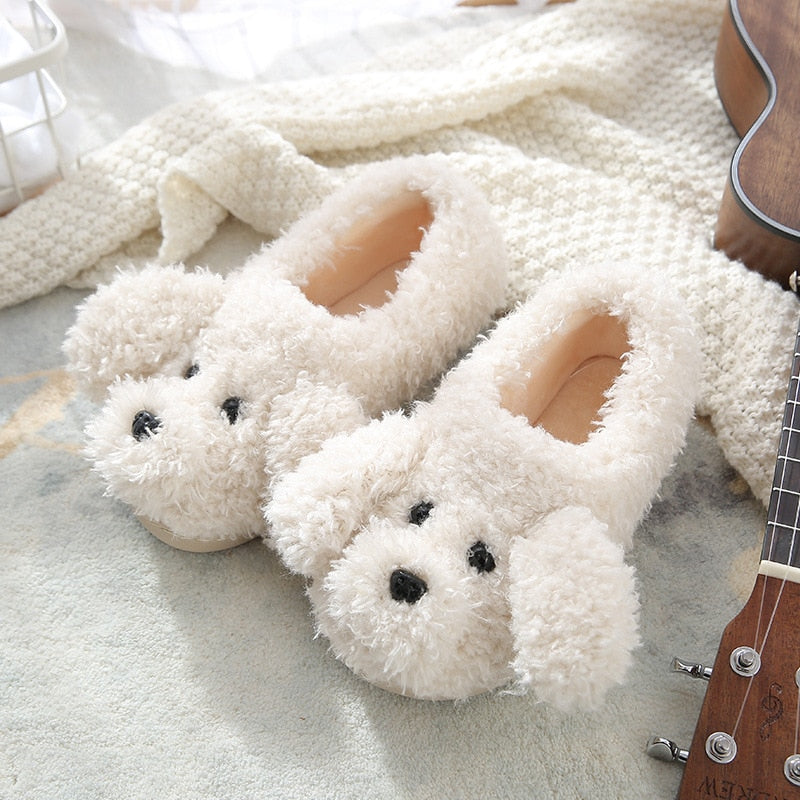 Lindo perro de la suerte Anime casa zapatillas mujer invierno chanclas moda señoras suave cálido felpa interior zapatos planos parejas hombres dormitorio